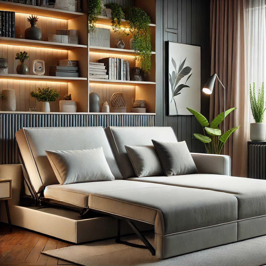 Luxurious and modern sofa cum bed in a cozy living room setup, showcasing its convertible feature for space-saving and stylish functionality.