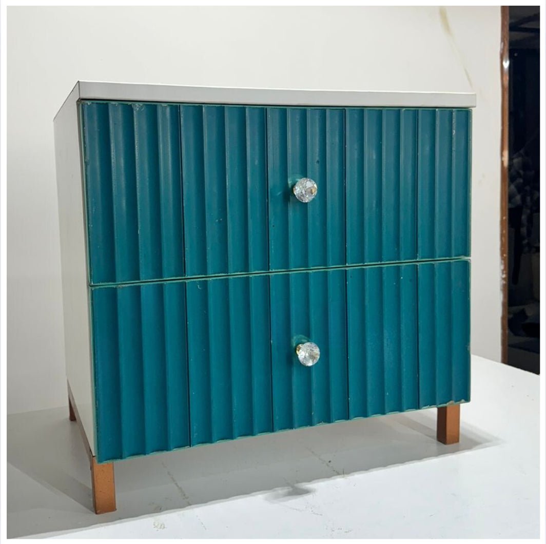Elegant Ribbed Two - Drawer Storage Table - Teal & White - Sekar Lifestyle