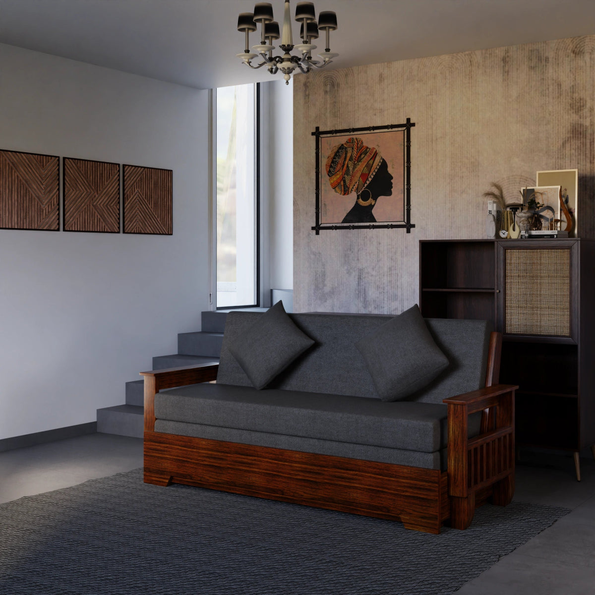 Teakwood Vintage Harmony Sofa Cum Bed – With Pillows - Sekar Lifestyle