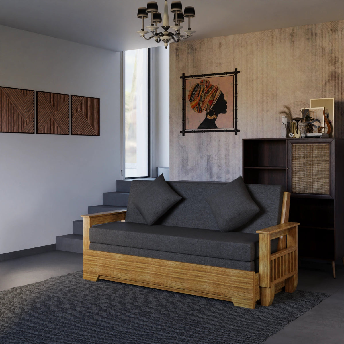 Teakwood Vintage Harmony Sofa Cum Bed – With Pillows - Sekar Lifestyle