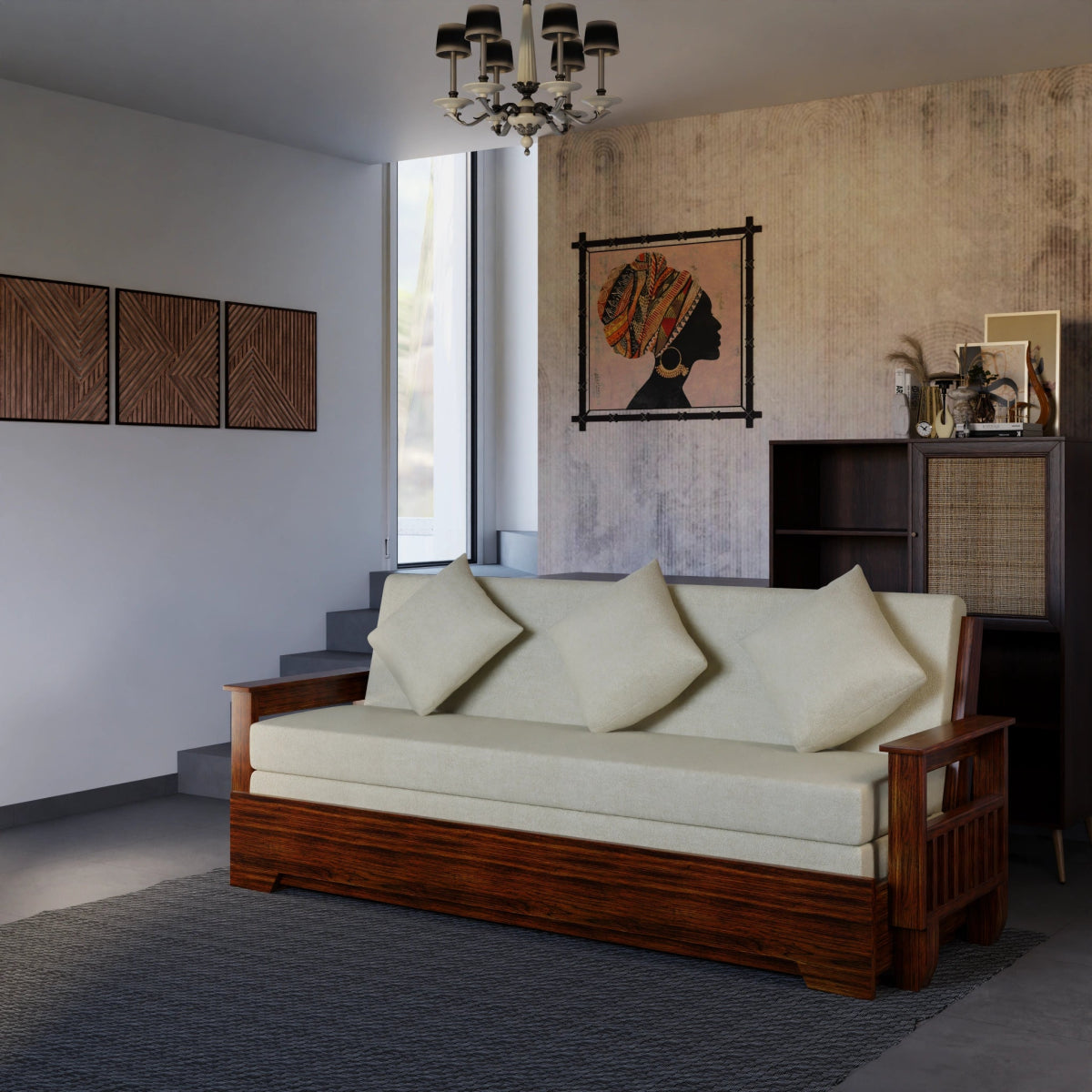 Teakwood Vintage Harmony Sofa Cum Bed – With Pillows - Sekar Lifestyle