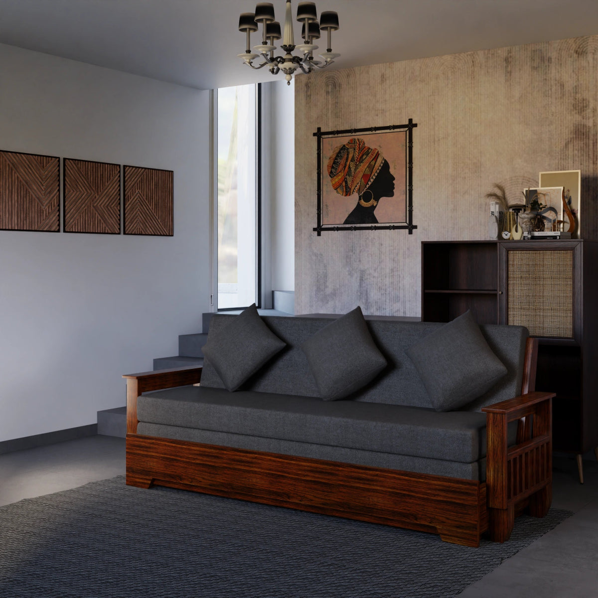 Teakwood Vintage Harmony Sofa Cum Bed – With Pillows - Sekar Lifestyle