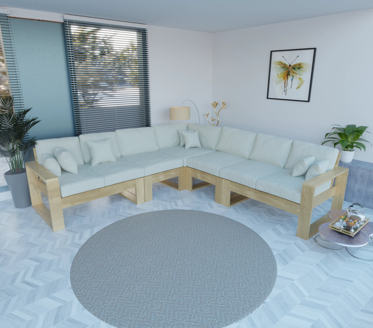 Urban Comfort Series – China Teak Corner Sofa with Pillows - Sekar Lifestyle