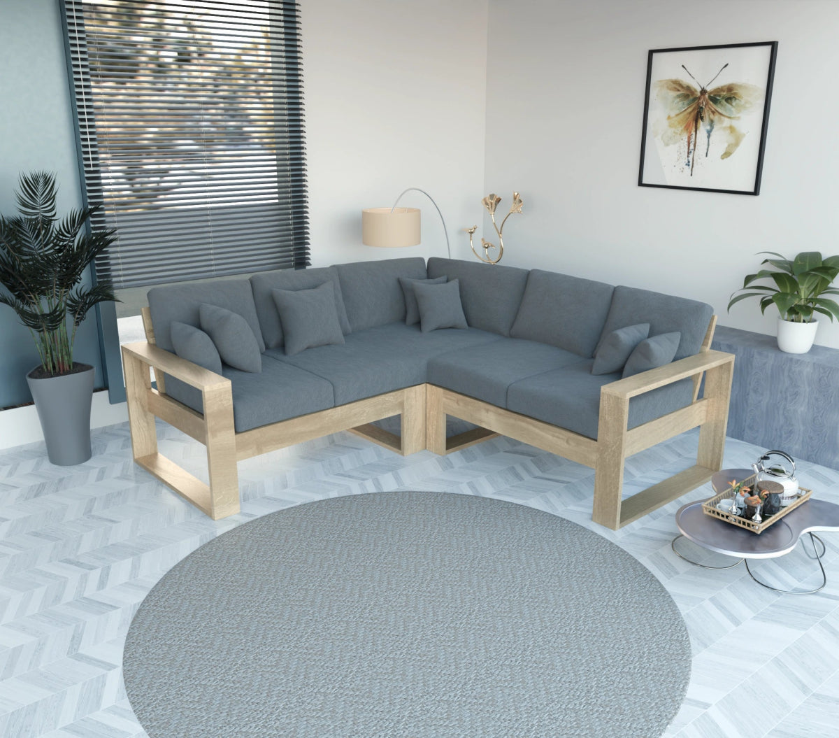 Urban Comfort Series – China Teak Corner Sofa with Pillows - Sekar Lifestyle