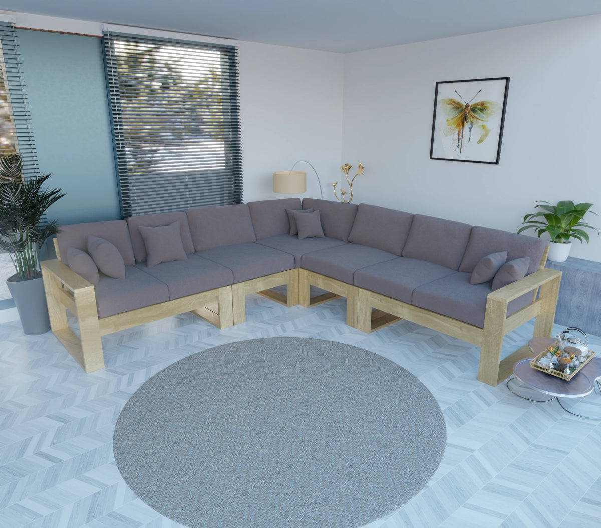 Urban Comfort Series – China Teak Corner Sofa with Pillows - Sekar Lifestyle