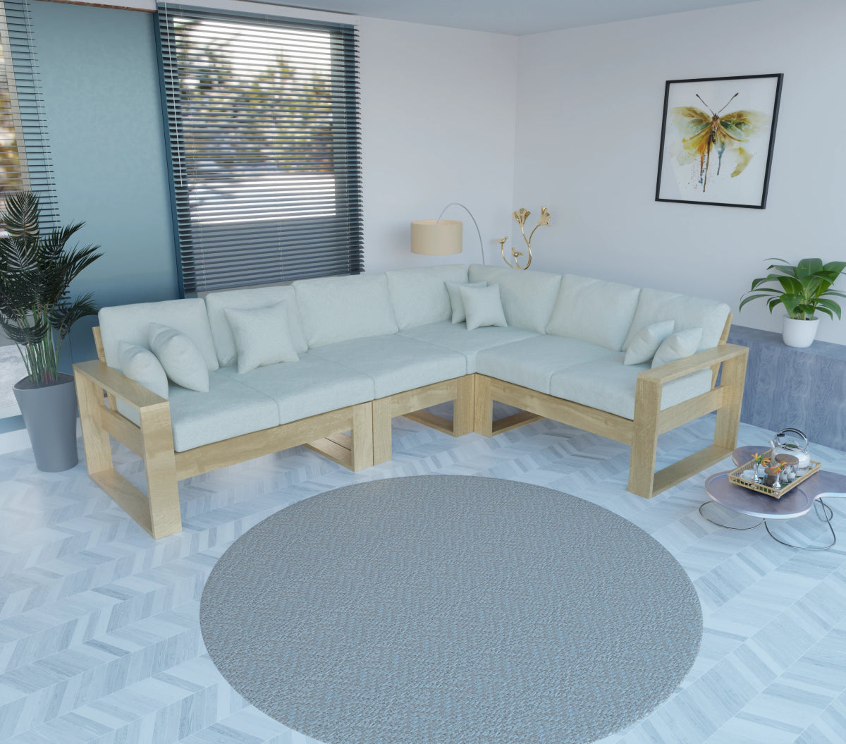 Urban Comfort Series – China Teak Corner Sofa with Pillows - Sekar Lifestyle