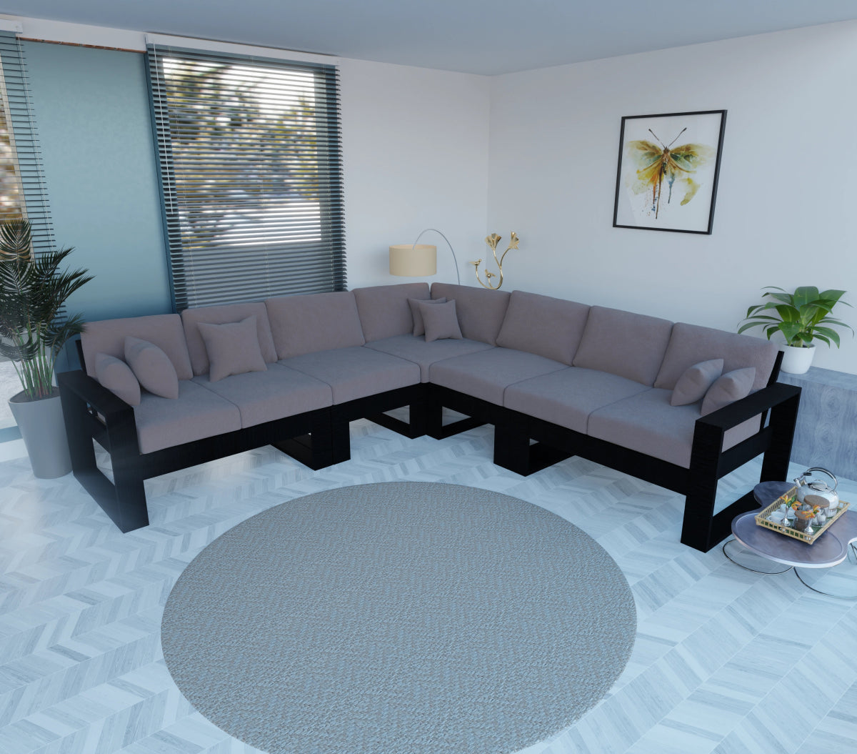 Urban Comfort Series – China Teak Corner Sofa with Pillows - Sekar Lifestyle