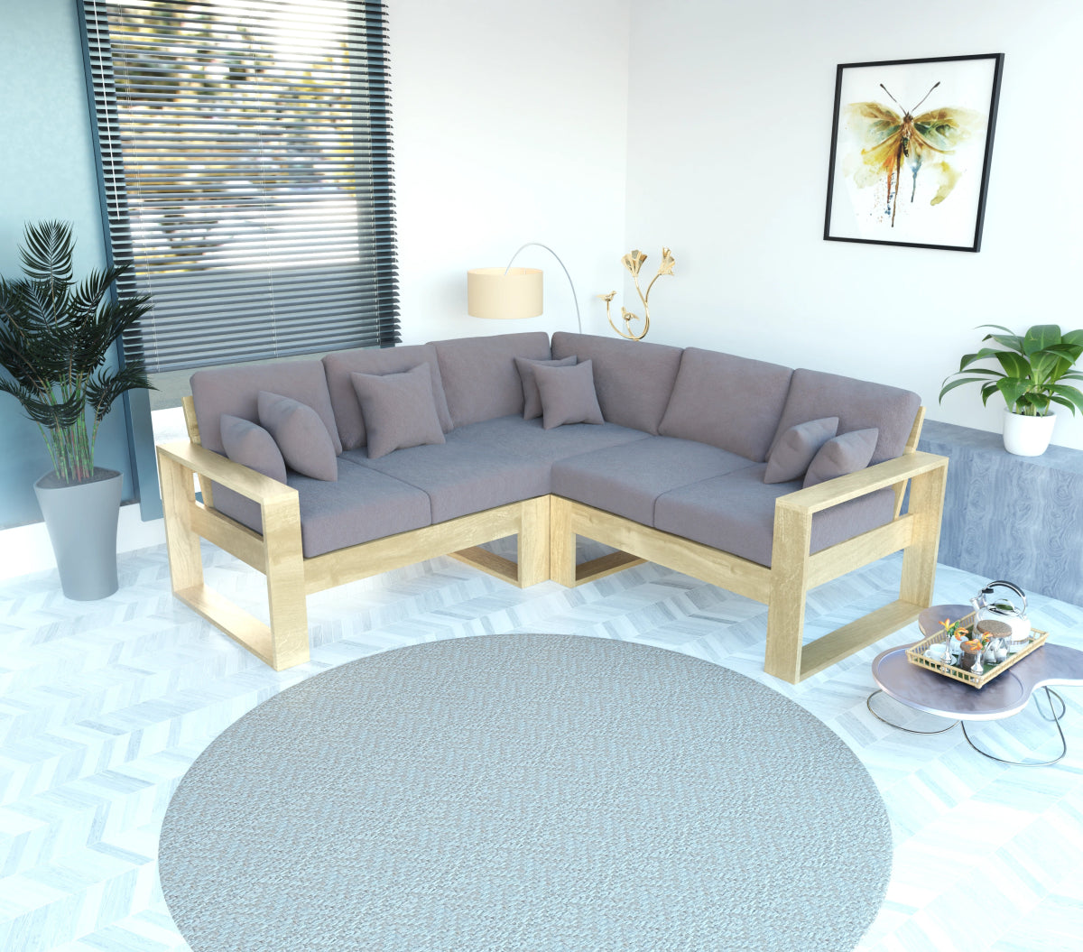 Urban Comfort Series – China Teak Corner Sofa with Pillows - Sekar Lifestyle