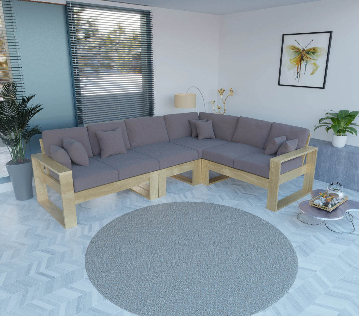 Urban Comfort Series – Teak Wood Corner Sofa with Pillows - Sekar Lifestyle