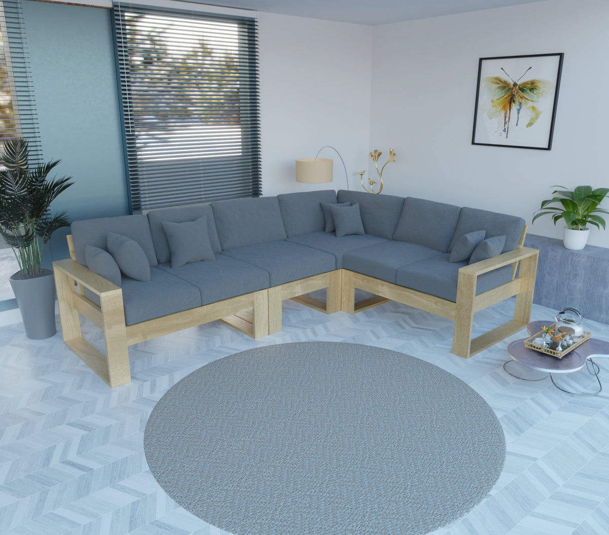 Urban Comfort Series – Teak Wood Corner Sofa with Pillows - Sekar Lifestyle