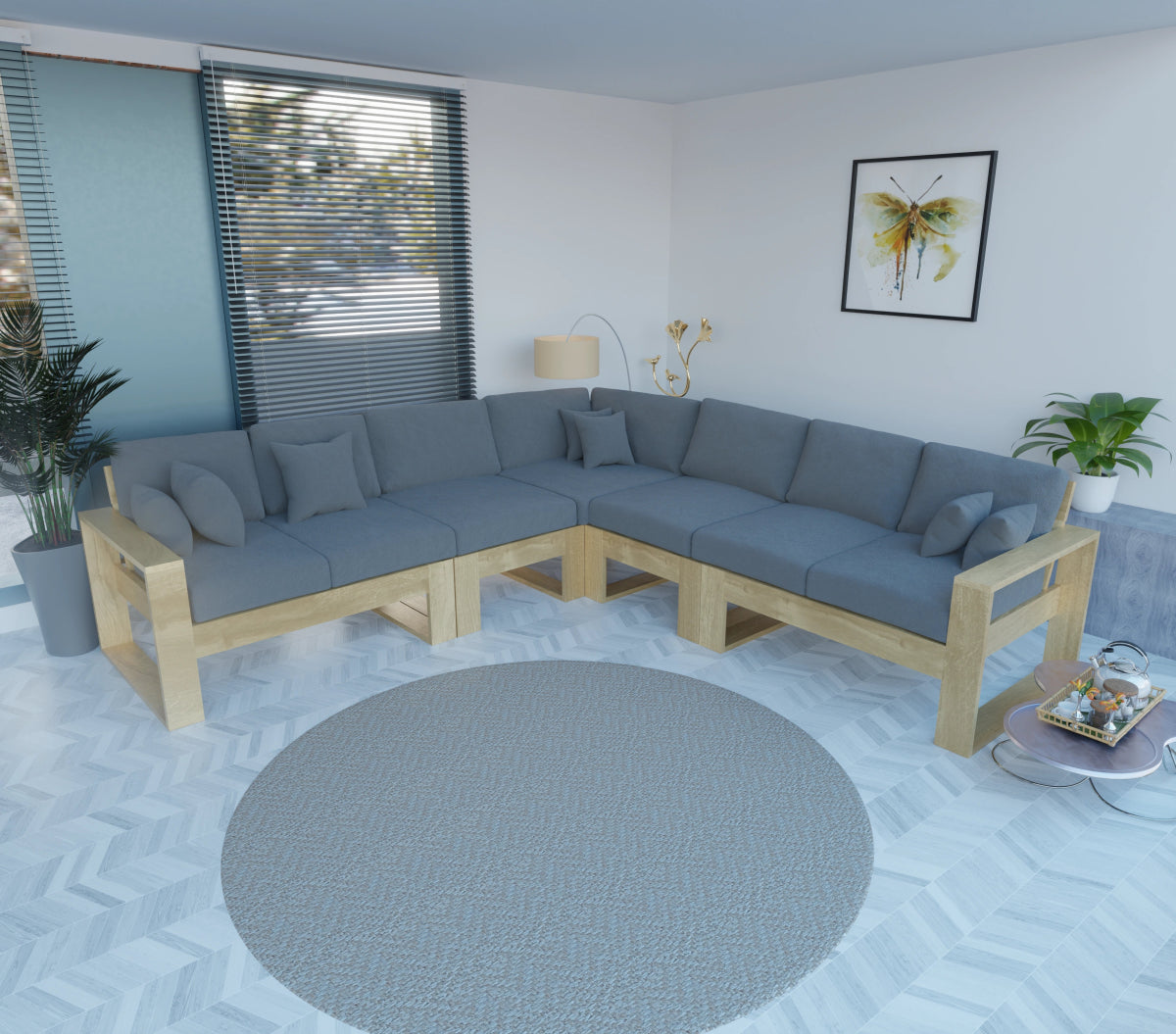 Urban Comfort Series – Teak Wood Corner Sofa with Pillows - Sekar Lifestyle