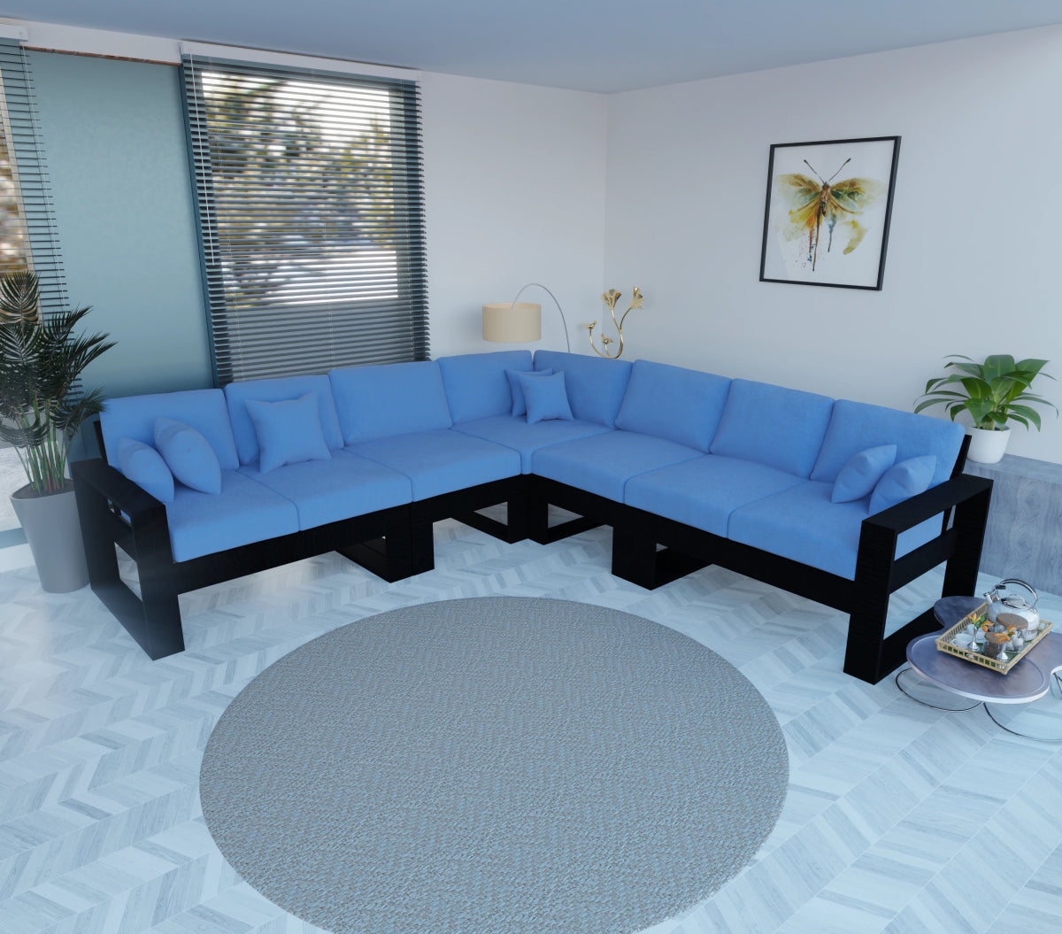 Urban Comfort Series – Teak Wood Corner Sofa with Pillows - Sekar Lifestyle