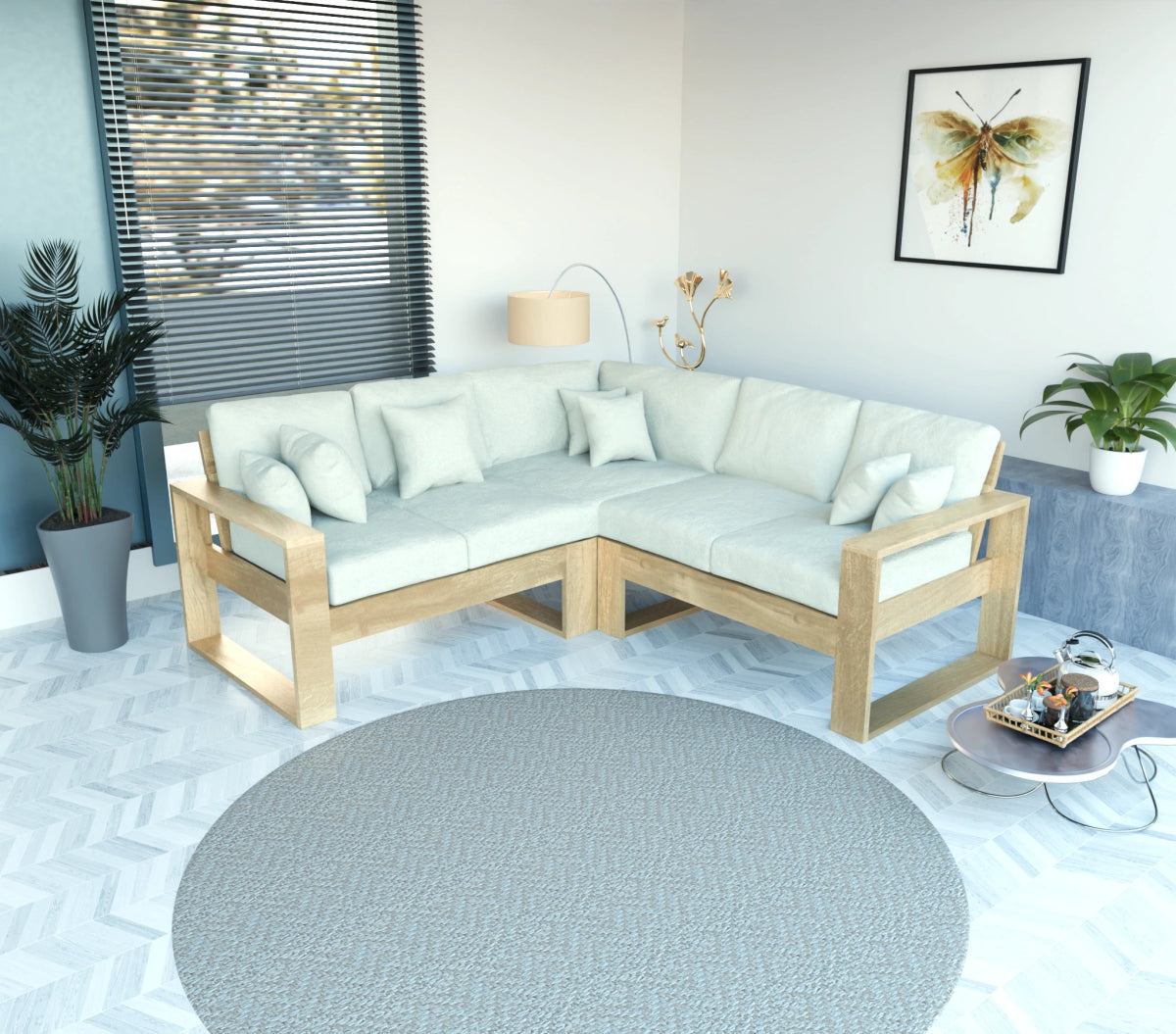 Urban Comfort Series – Teak Wood Corner Sofa with Pillows - Sekar Lifestyle