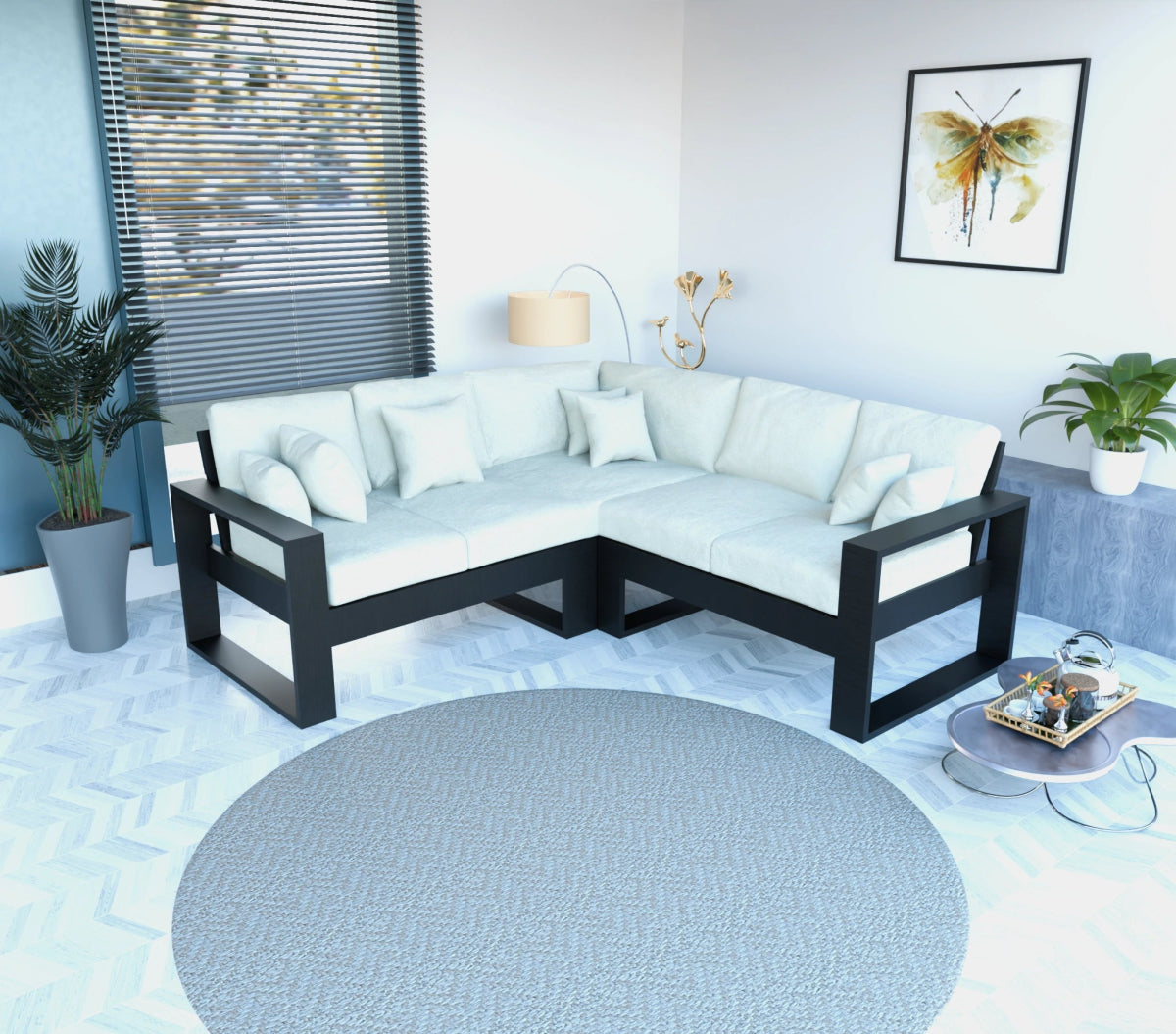 Urban Comfort Series – Teak Wood Corner Sofa with Pillows - Sekar Lifestyle