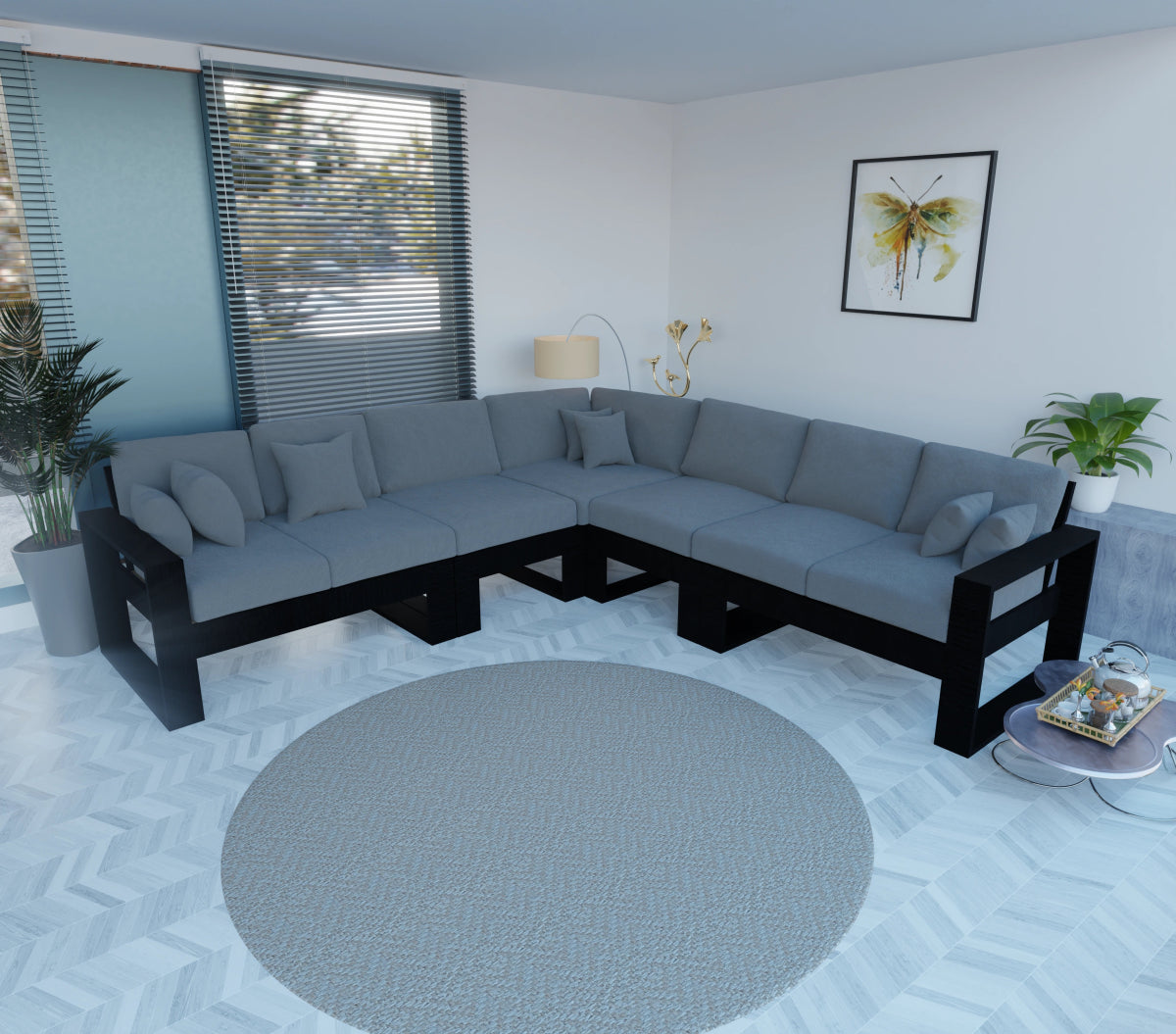 Urban Comfort Series – Teak Wood Corner Sofa with Pillows - Sekar Lifestyle