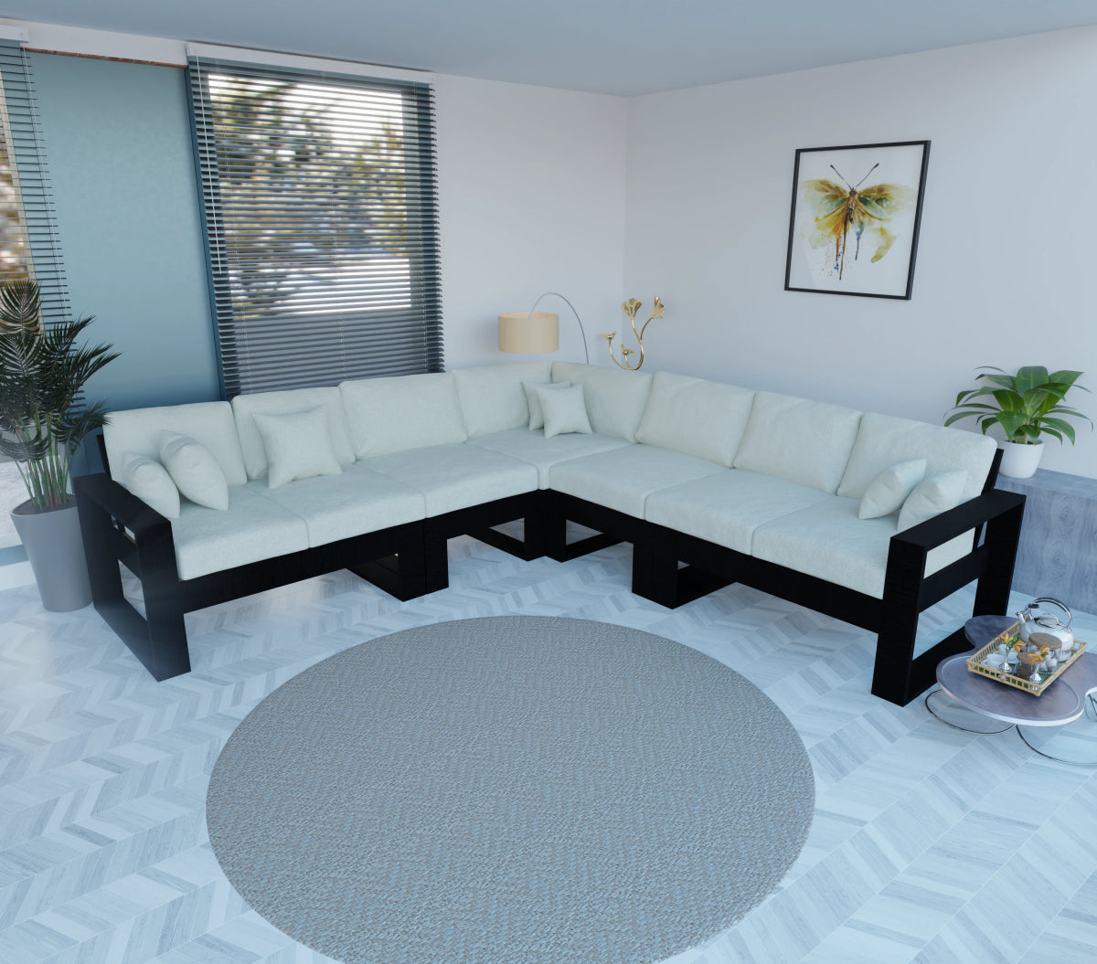 Urban Comfort Series – Teak Wood Corner Sofa with Pillows - Sekar Lifestyle