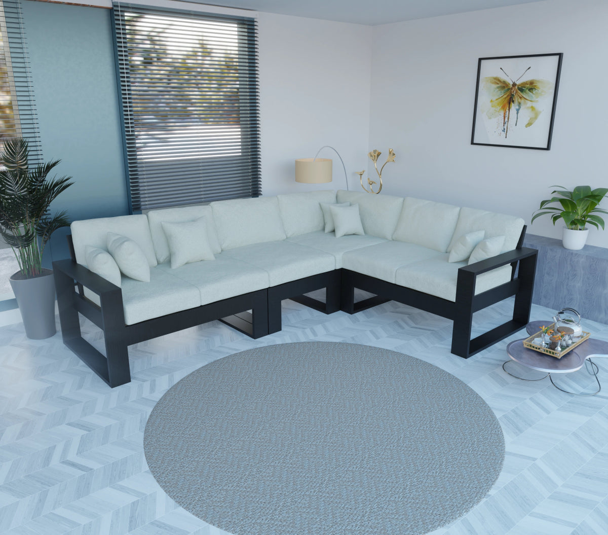 Urban Comfort Series – Teak Wood Corner Sofa with Pillows - Sekar Lifestyle