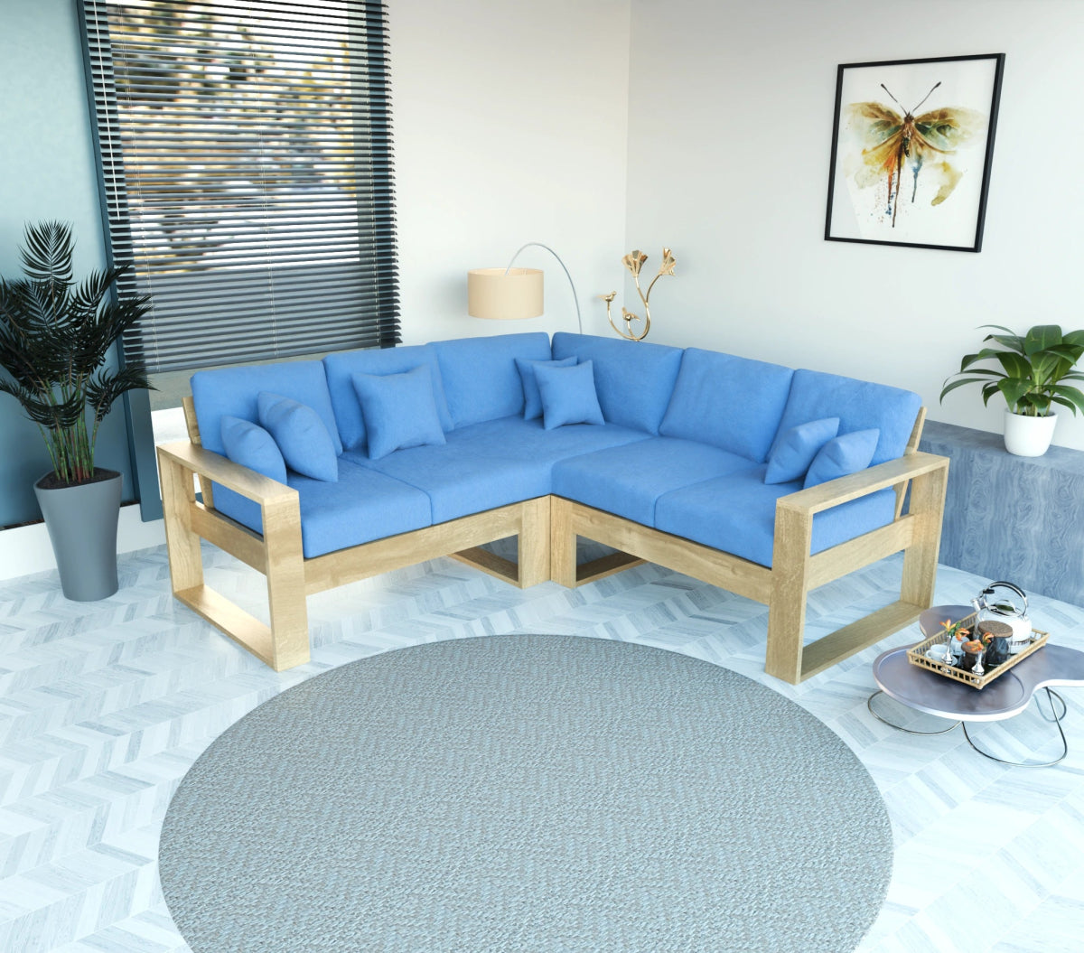 Urban Comfort Series – Teak Wood Corner Sofa with Pillows - Sekar Lifestyle