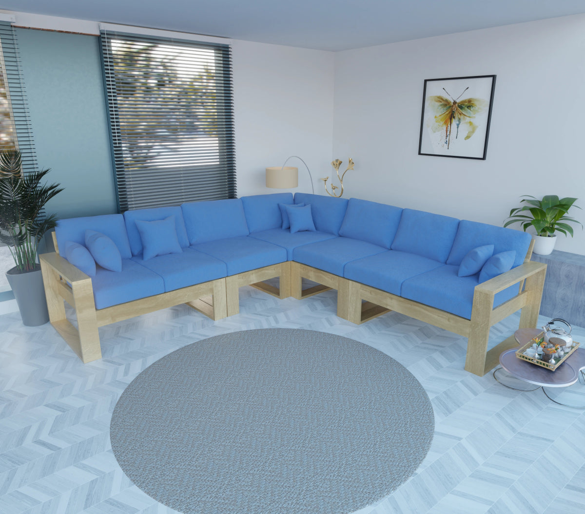 Urban Comfort Series – Teak Wood Corner Sofa with Pillows - Sekar Lifestyle