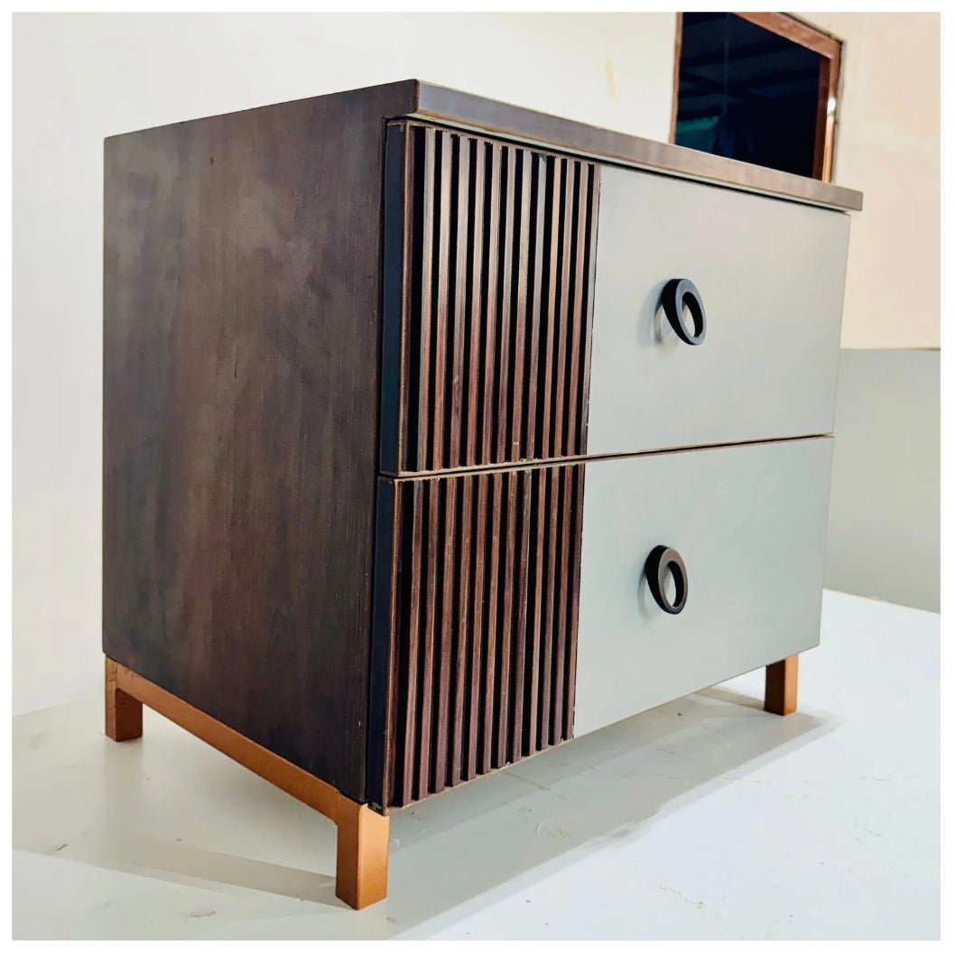 Walnut and Grey Ribbed Drawer Cabinet - Sekar Lifestyle