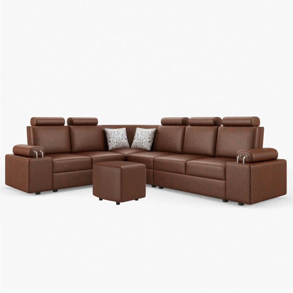 L Shape Corner Leatherette Sofa [with Steel Handles] With Curved Box Moda - Sekar Lifestyle