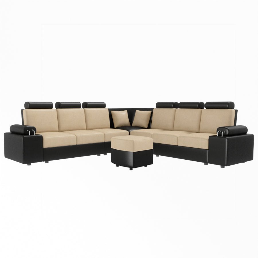 L Shape Corner Leatherette Sofa [with Steel Handles] With Curved Box Moda - Sekar Lifestyle