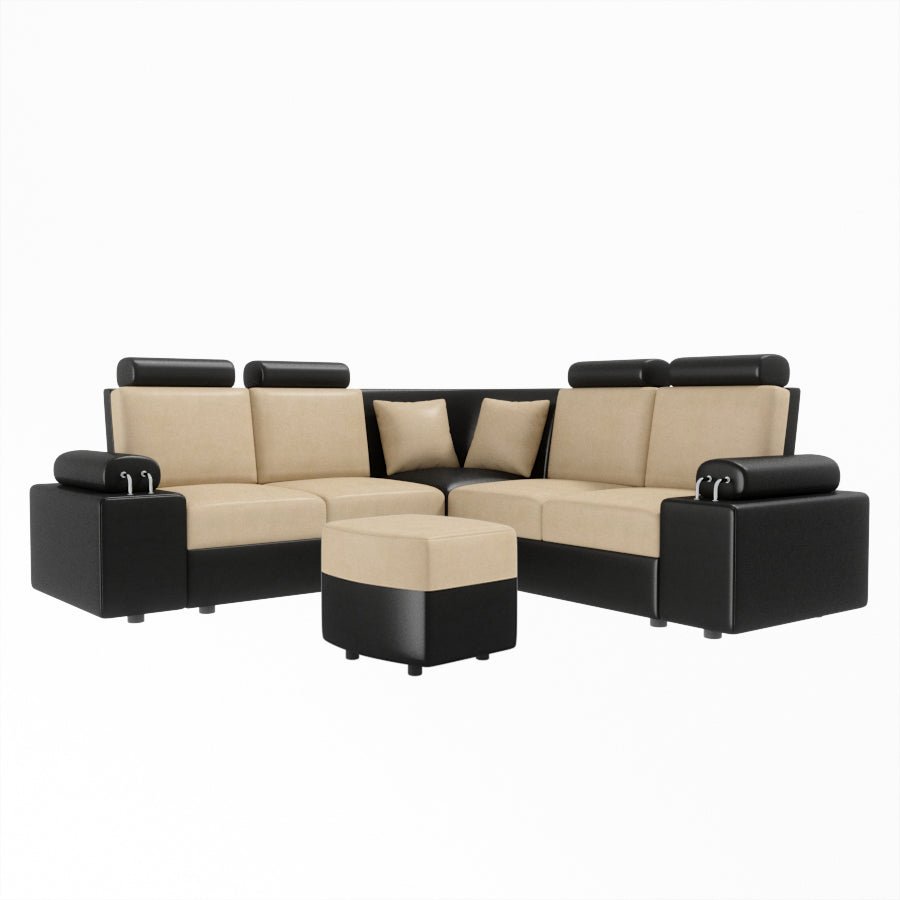 L Shape Corner Leatherette Sofa [with Steel Handles] With Curved Box Moda - Sekar Lifestyle