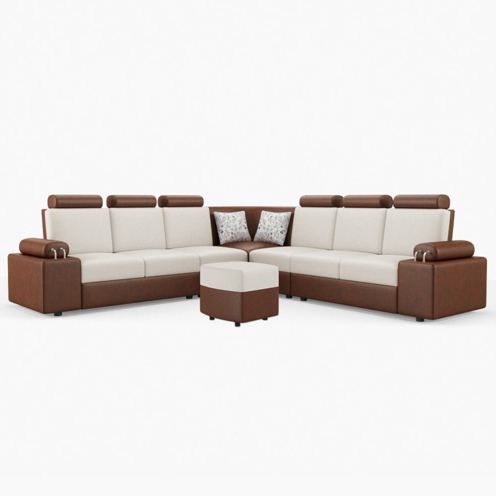 L Shape Corner Leatherette Sofa [with Steel Handles] With Curved Box Moda - Sekar Lifestyle