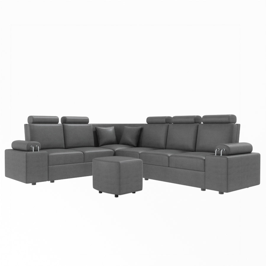 L Shape Corner Leatherette Sofa [with Steel Handles] With Curved Box Moda - Sekar Lifestyle