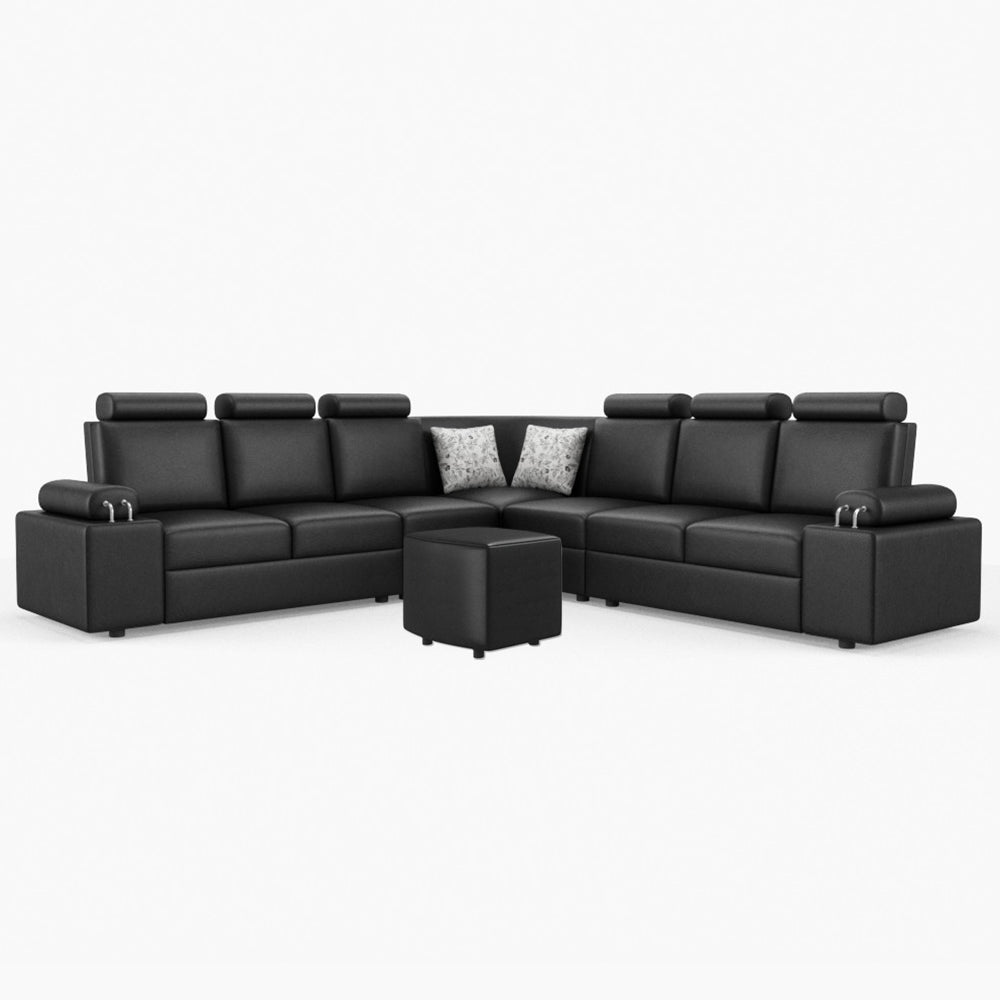 L Shape Corner Leatherette Sofa [with Steel Handles] With Curved Box Moda - Sekar Lifestyle