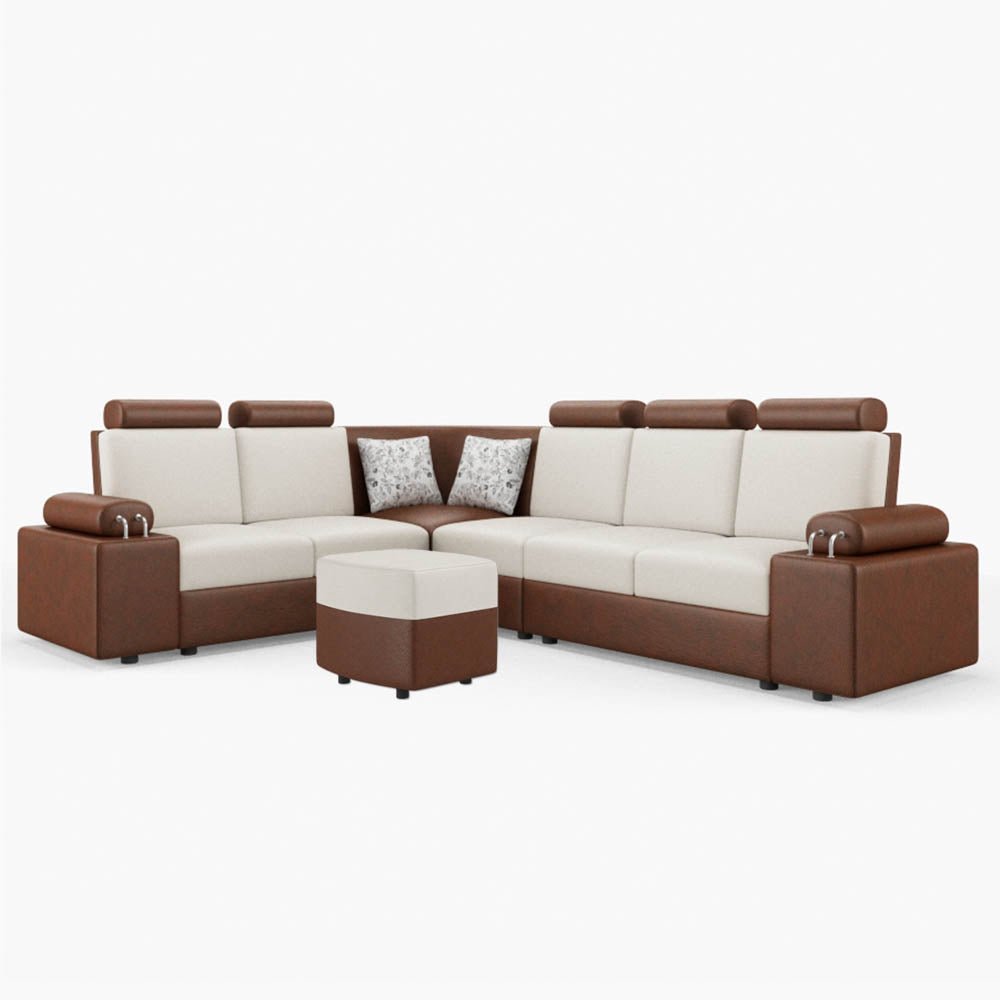 L Shape Corner Leatherette Sofa [with Steel Handles] With Curved Box Moda - Sekar Lifestyle