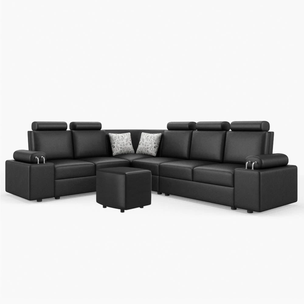 L Shape Corner Leatherette Sofa [with Steel Handles] With Curved Box Moda - Sekar Lifestyle
