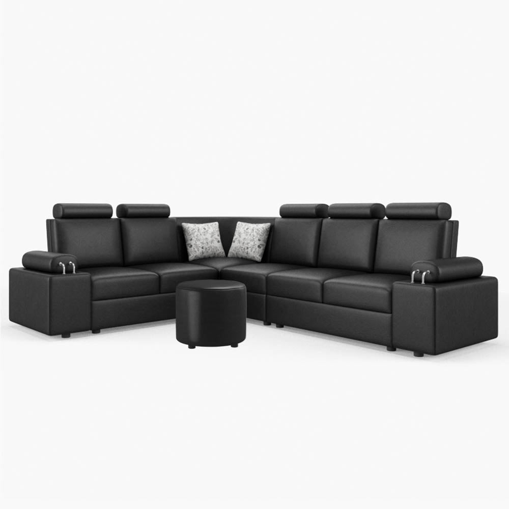 L Shape Corner Leatherette Sofa [with Steel Handles] With Round Moda - Sekar Lifestyle