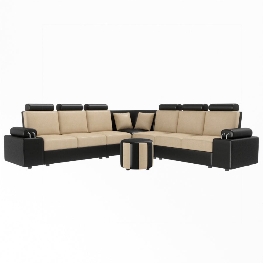 L Shape Corner Leatherette Sofa [with Steel Handles] With Round Moda - Sekar Lifestyle