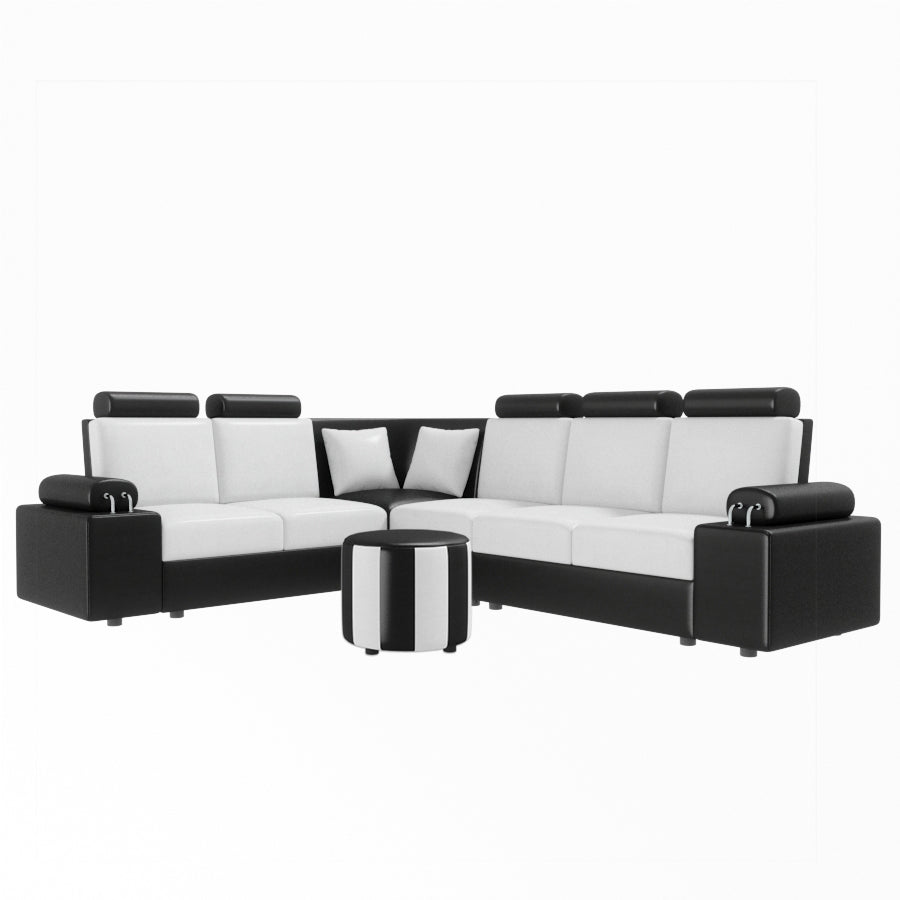 L Shape Corner Leatherette Sofa [with Steel Handles] With Round Moda - Sekar Lifestyle