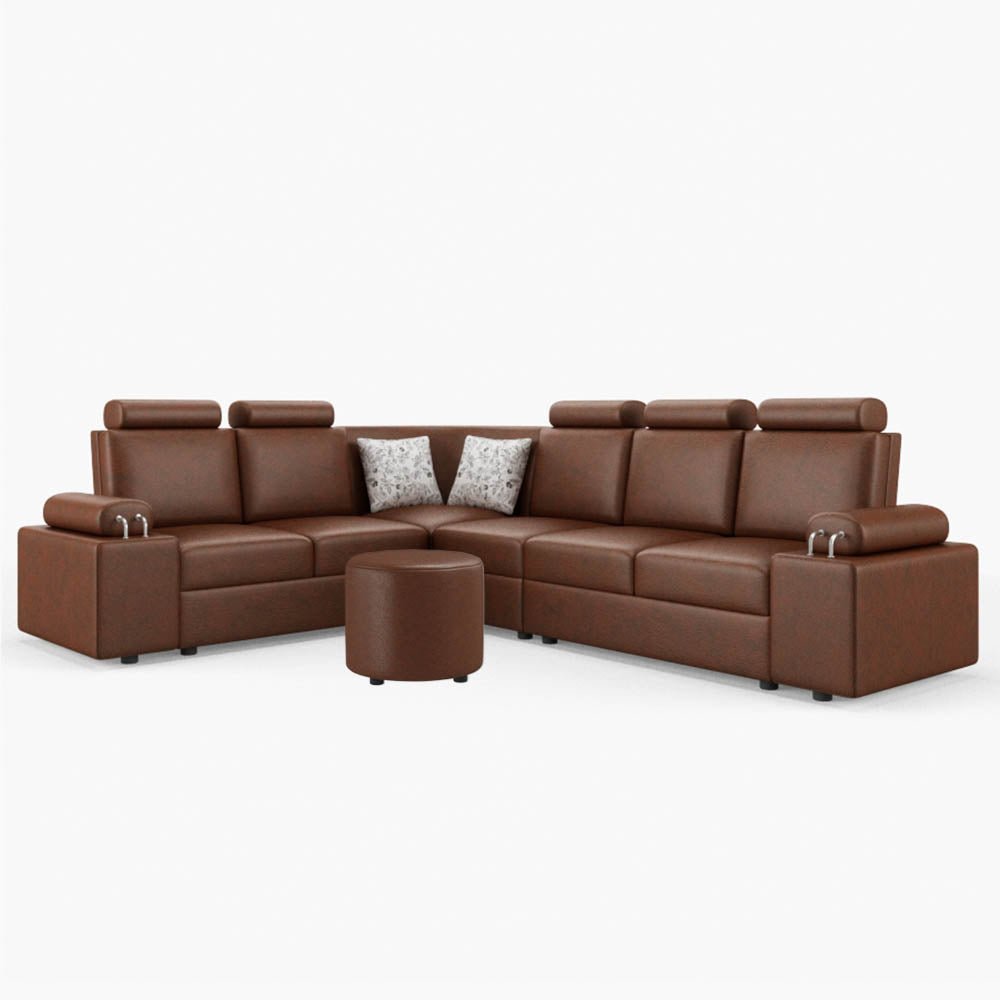 L Shape Corner Leatherette Sofa [with Steel Handles] With Round Moda - Sekar Lifestyle