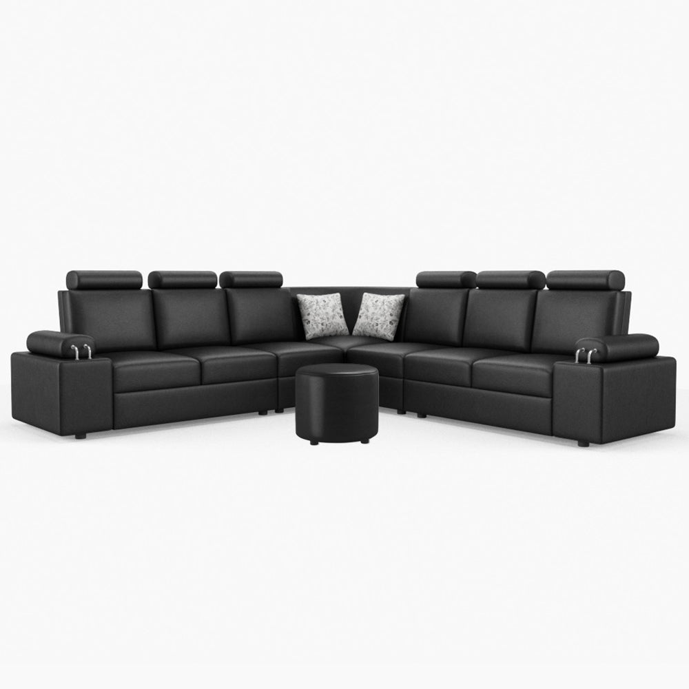 L Shape Corner Leatherette Sofa [with Steel Handles] With Round Moda - Sekar Lifestyle