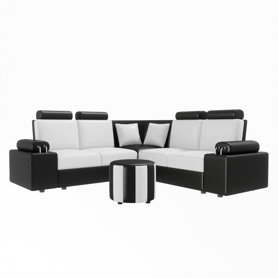 L Shape Corner Leatherette Sofa [with Steel Handles] With Round Moda - Sekar Lifestyle