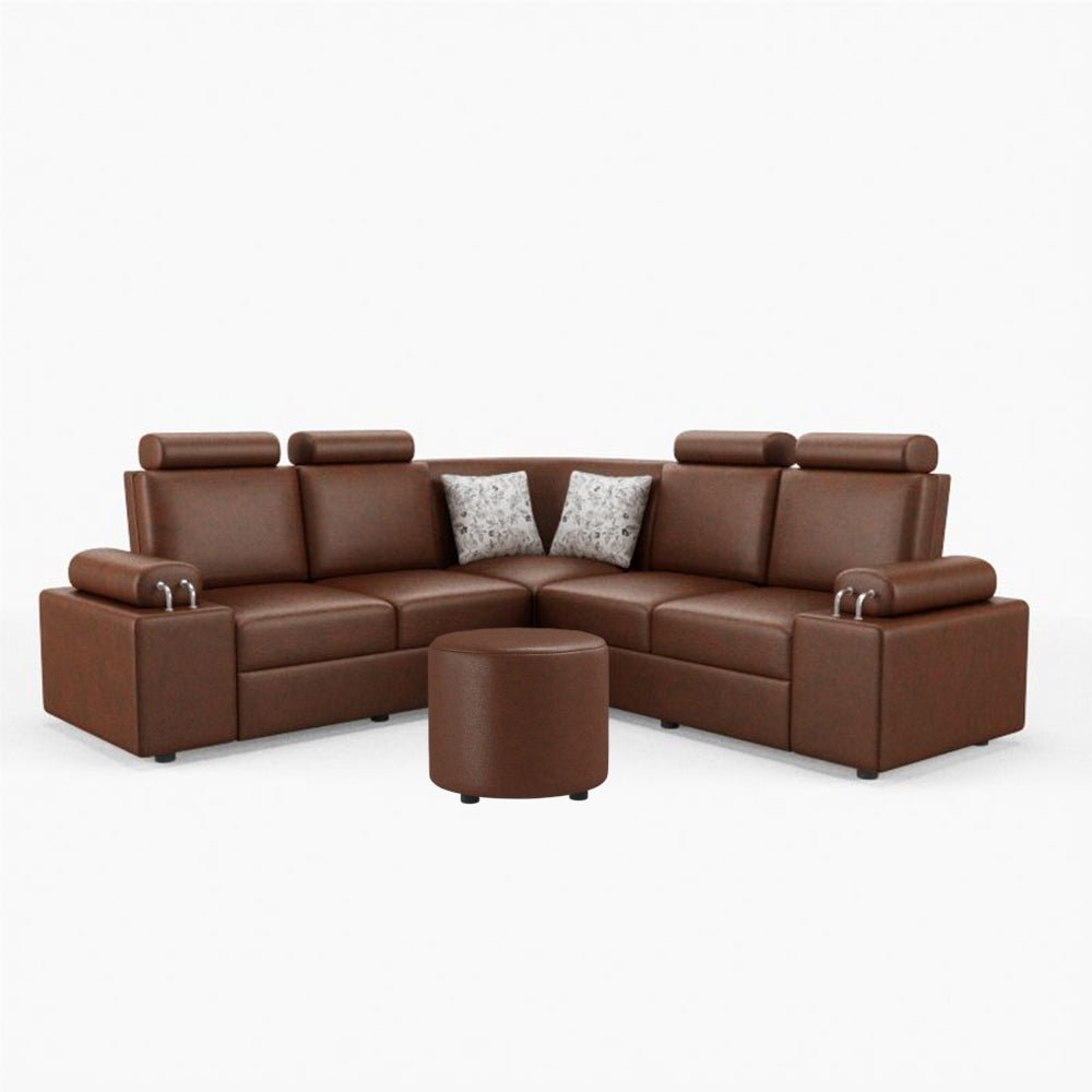 L Shape Corner Leatherette Sofa [with Steel Handles] With Round Moda - Sekar Lifestyle