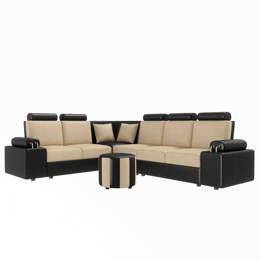 L Shape Corner Leatherette Sofa [with Steel Handles] With Round Moda - Sekar Lifestyle