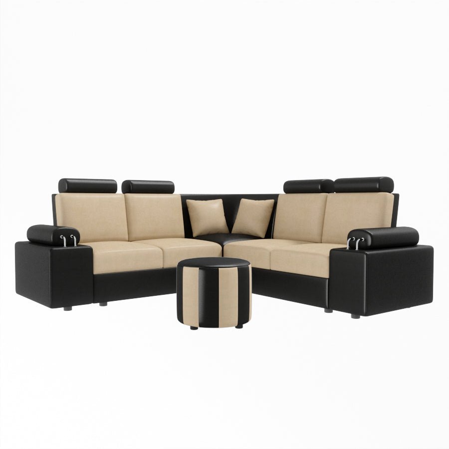 L Shape Corner Leatherette Sofa [with Steel Handles] With Round Moda - Sekar Lifestyle