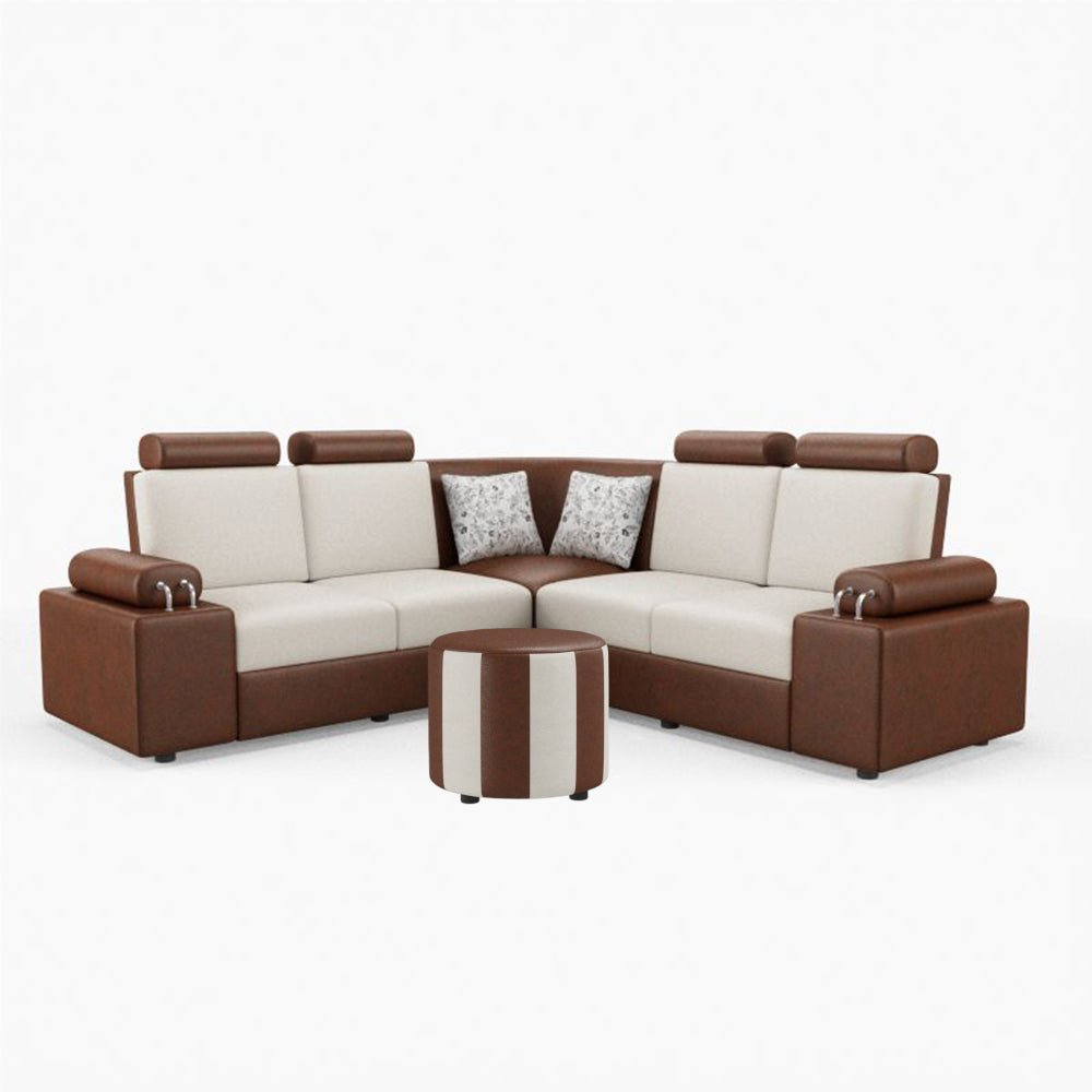 L Shape Corner Leatherette Sofa [with Steel Handles] With Round Moda - Sekar Lifestyle