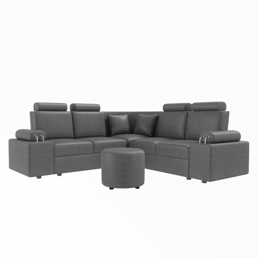 L Shape Corner Leatherette Sofa [with Steel Handles] With Round Moda - Sekar Lifestyle