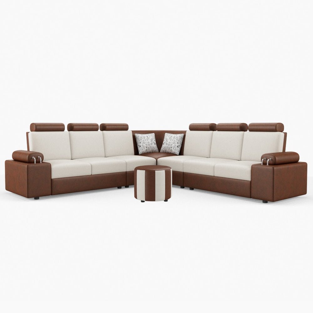 L Shape Corner Leatherette Sofa [with Steel Handles] With Round Moda - Sekar Lifestyle
