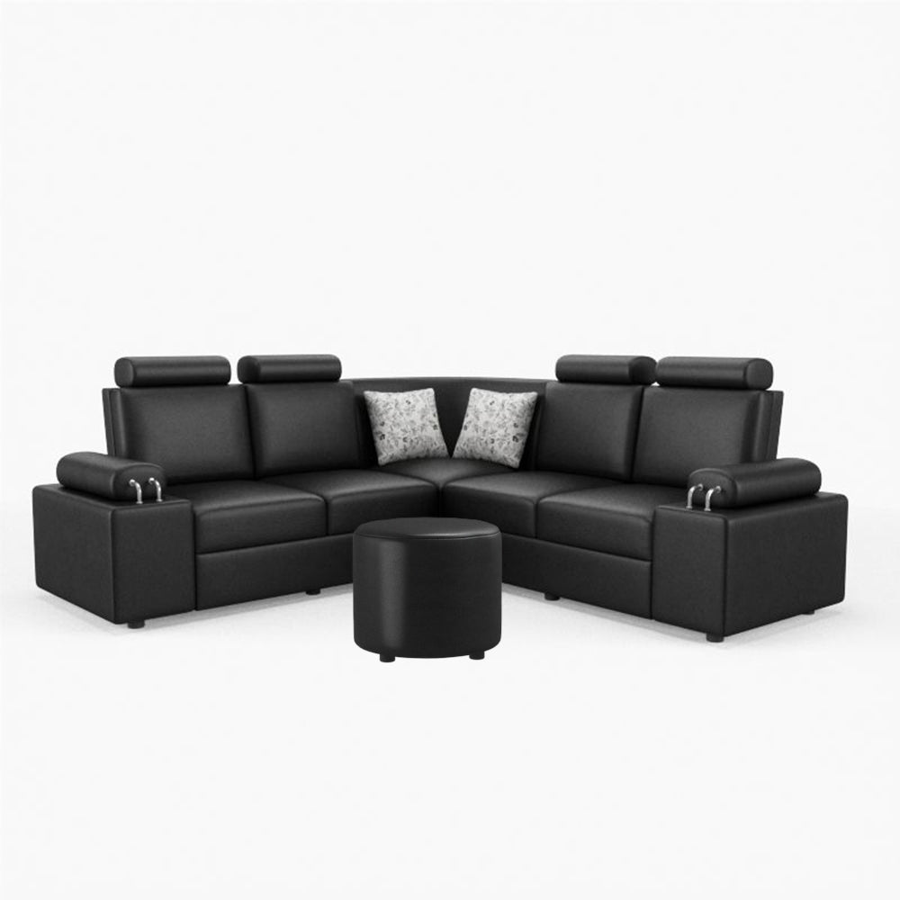 L Shape Corner Leatherette Sofa [with Steel Handles] With Round Moda - Sekar Lifestyle
