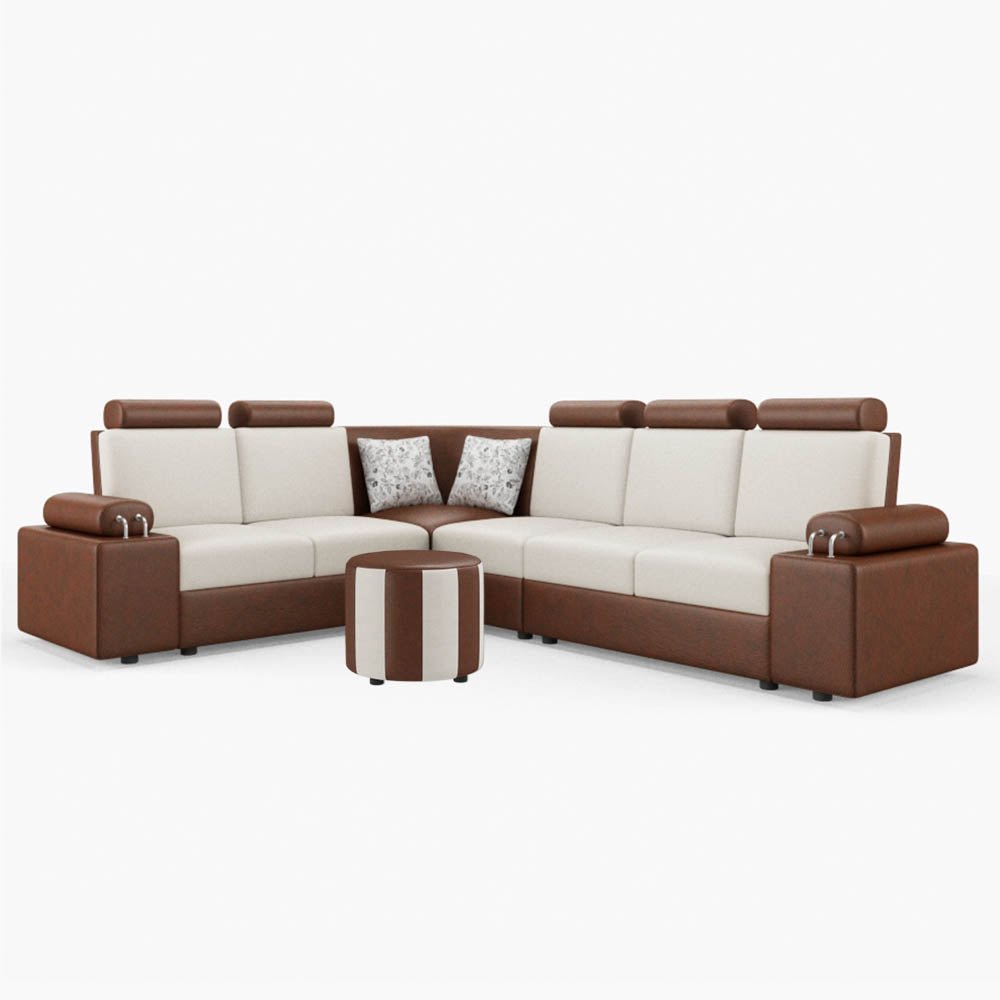 L Shape Corner Leatherette Sofa [with Steel Handles] With Round Moda - Sekar Lifestyle