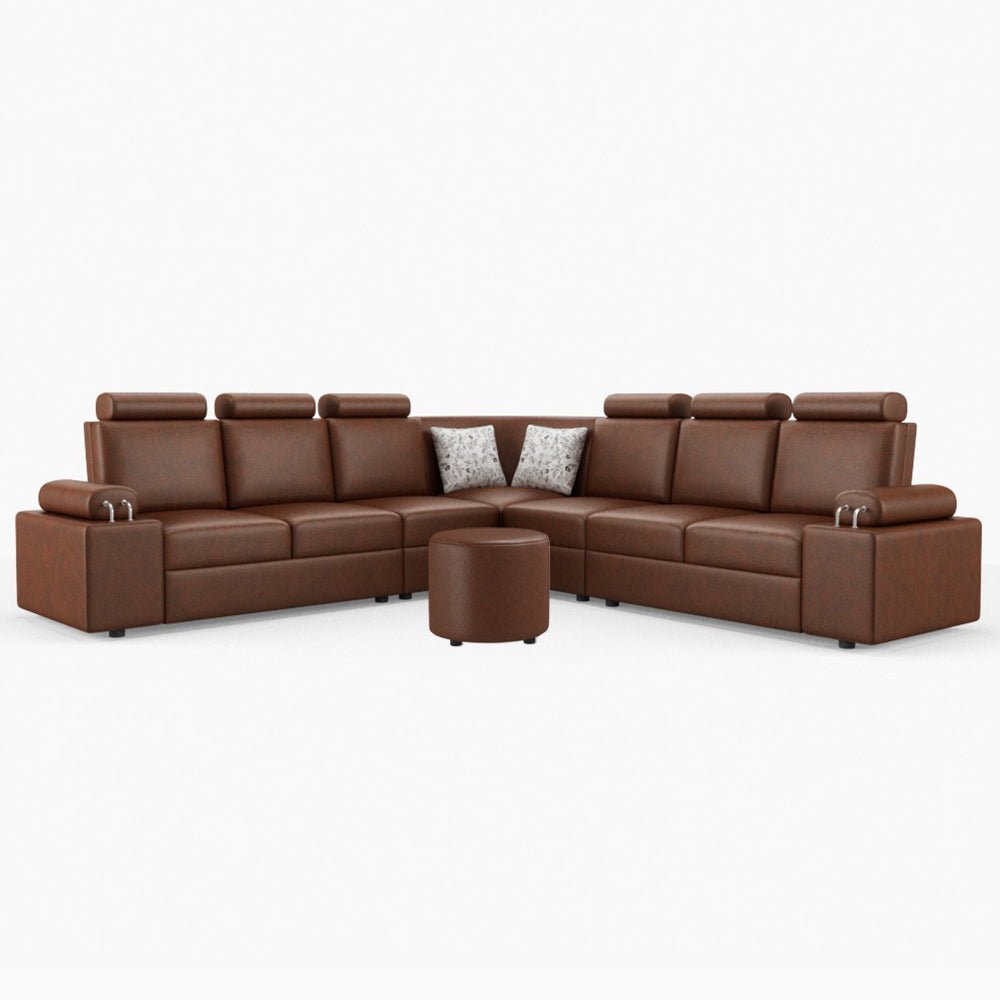 L Shape Corner Leatherette Sofa [with Steel Handles] With Round Moda - Sekar Lifestyle